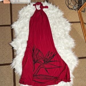 Tanoa Dress Womens XS Red Halter Maxi Abstract Floral Print Boho Resort Artsy